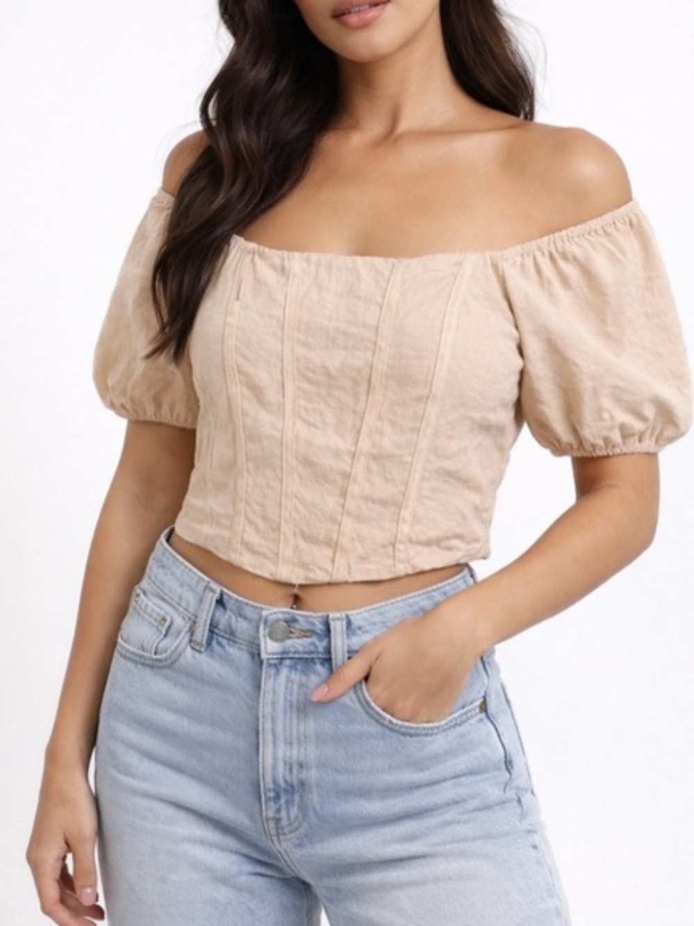 Kirious Los Angeles Square-Neck Puff Sleeve Crop Top - Tan